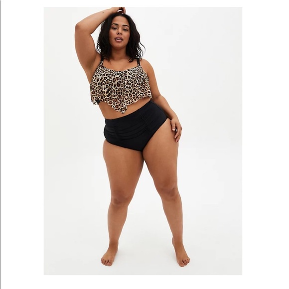NWT TORRID LEOPARD WIRELESS V-FLOUNCE BIKINI TOP ROUCHED BOTTOM - Picture 3 of 10